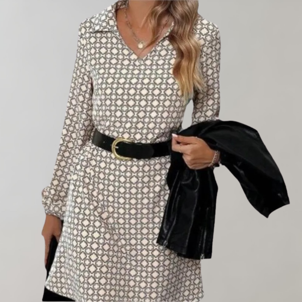 Geometric Print Collar V-Neck Bishop Sleeve A-Line Mini Dress