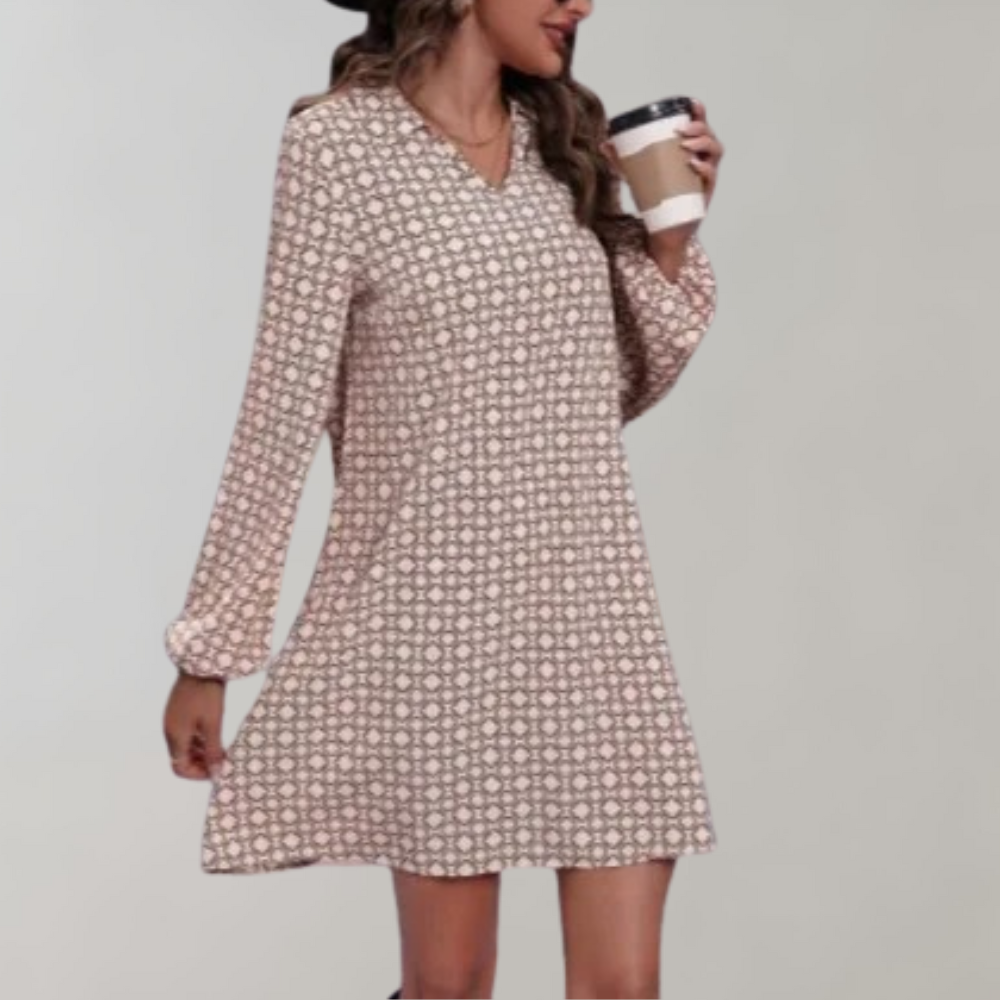Geometric Print Collar V-Neck Bishop Sleeve A-Line Mini Dress