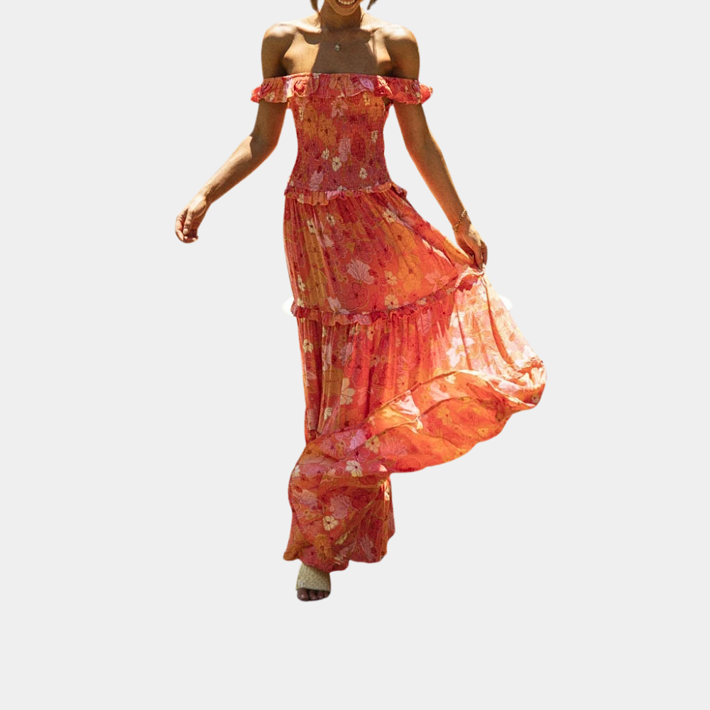 Off Shoulder Smocked Ruffle Tiered Floral Print Maxi Dress