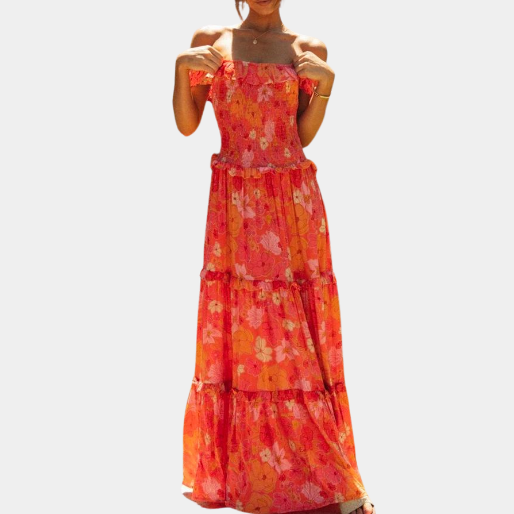 Off Shoulder Smocked Ruffle Tiered Floral Print Maxi Dress