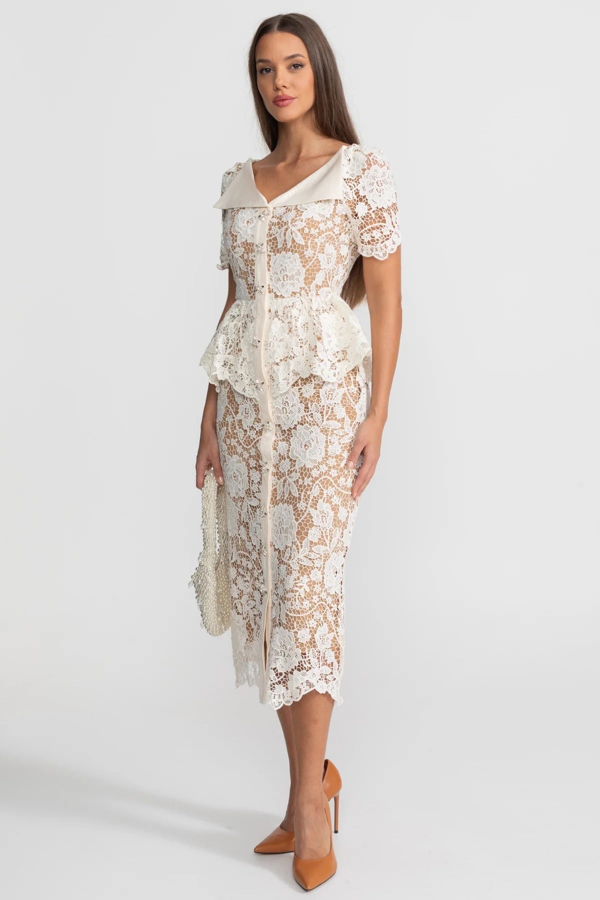 Floral Lace V-Neck Satin Collar Short Sleeve Peplum Button Front Midi Dress 3