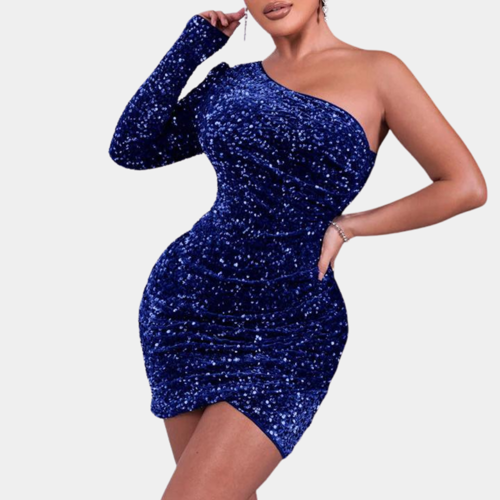 Sequin One Shoulder Long Sleeve Ruched Bodycon Mini Dress