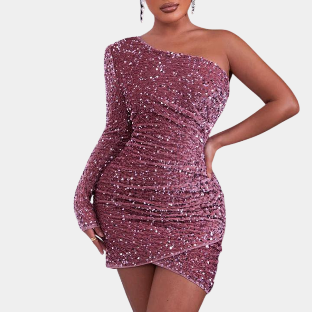 Sequin One Shoulder Long Sleeve Ruched Bodycon Mini Dress