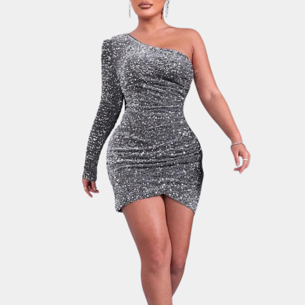 Sequin One Shoulder Long Sleeve Ruched Bodycon Mini Dress