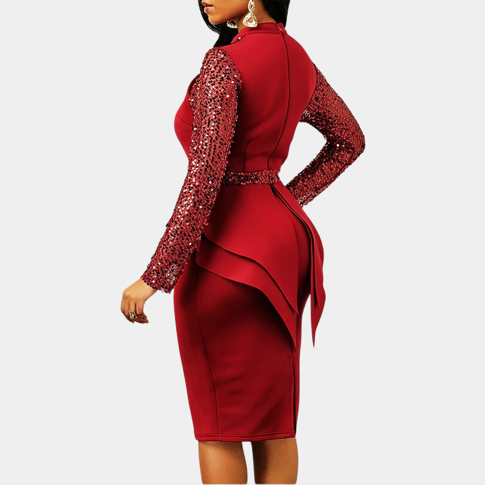 Sequin High Neck Long Sleeve Peplum Bodycon Midi Dress