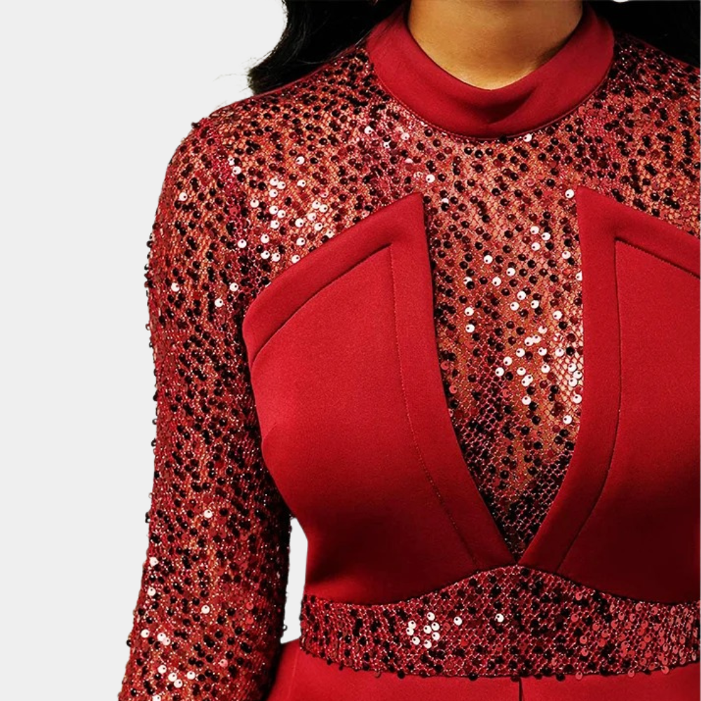 Sequin High Neck Long Sleeve Peplum Bodycon Midi Dress