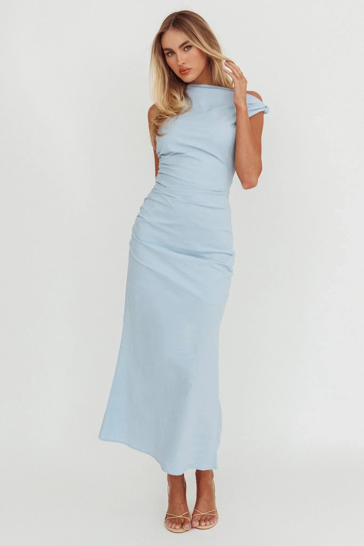 Asymmetric Neck Sleeveless Ruched Fitted Mermaid Midi Dress 4