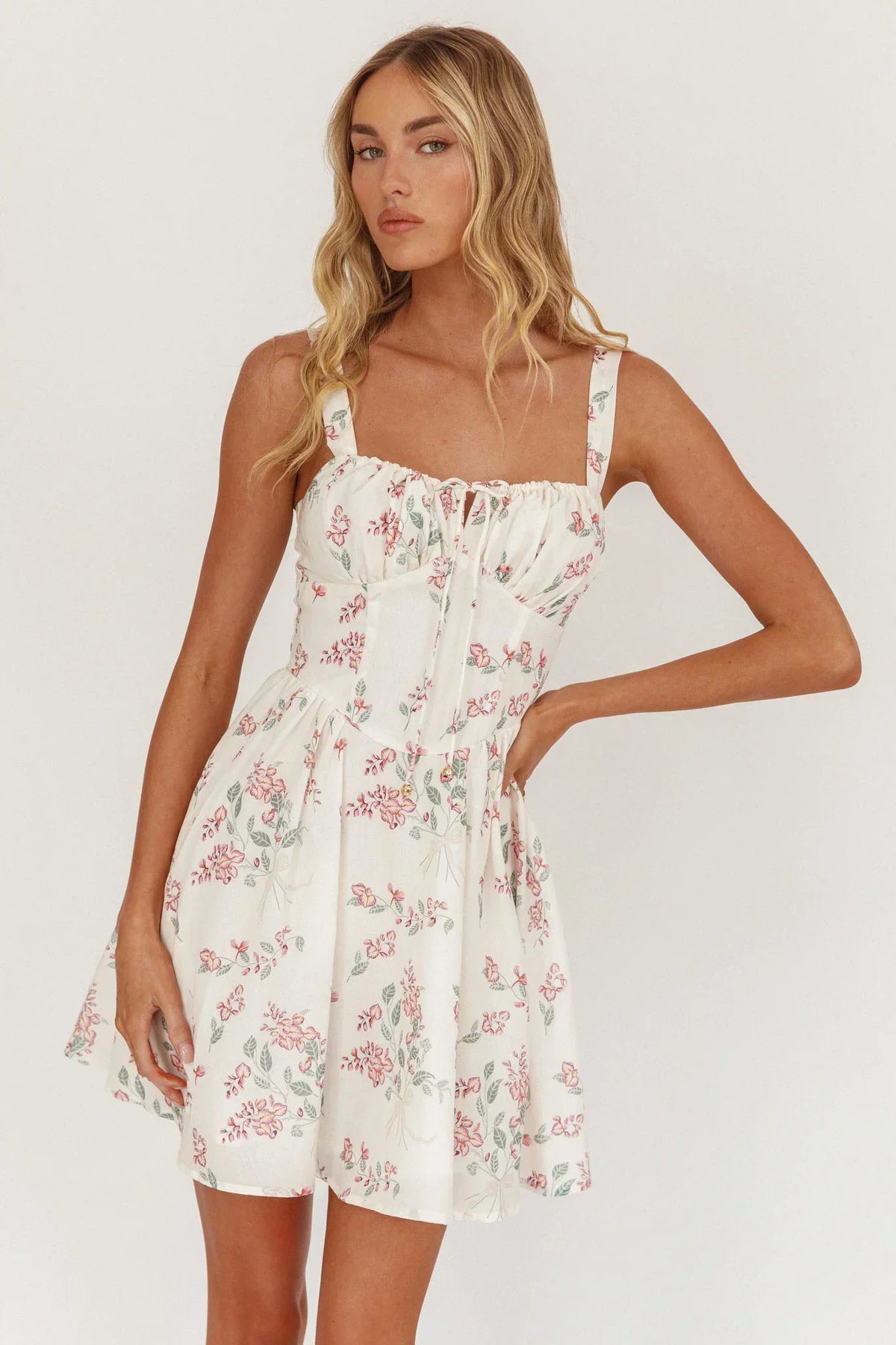 Floral Tie Bust Square Neck Bustier Fit and Flare Mini Dress 4