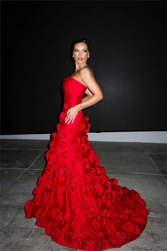 Gorgeous Sheath Strapless Satin Red Hand Made Flowers Long Prom Dresses Formal Evening Dress C2714