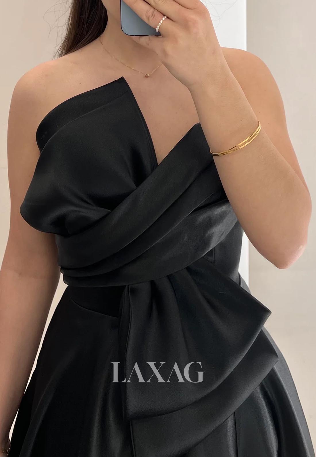 Asymmetrical-Neck Sleeveless A-Line Evening Dress Off-Shoulder Pleated Satin Formal Gowns with Bow