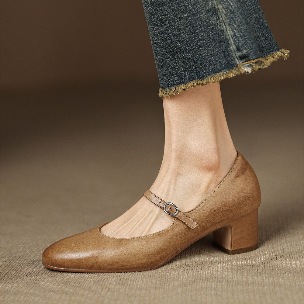 Square Toe Buckle Strap Block Heel Mary Jane Pumps