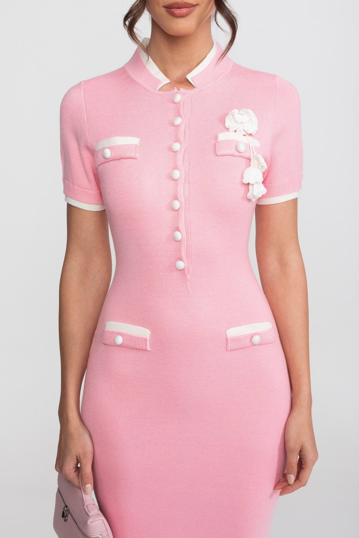 Short Sleeve Button Front Contrast Trim Flower Applique Knit Bodycon Midi Dress 5