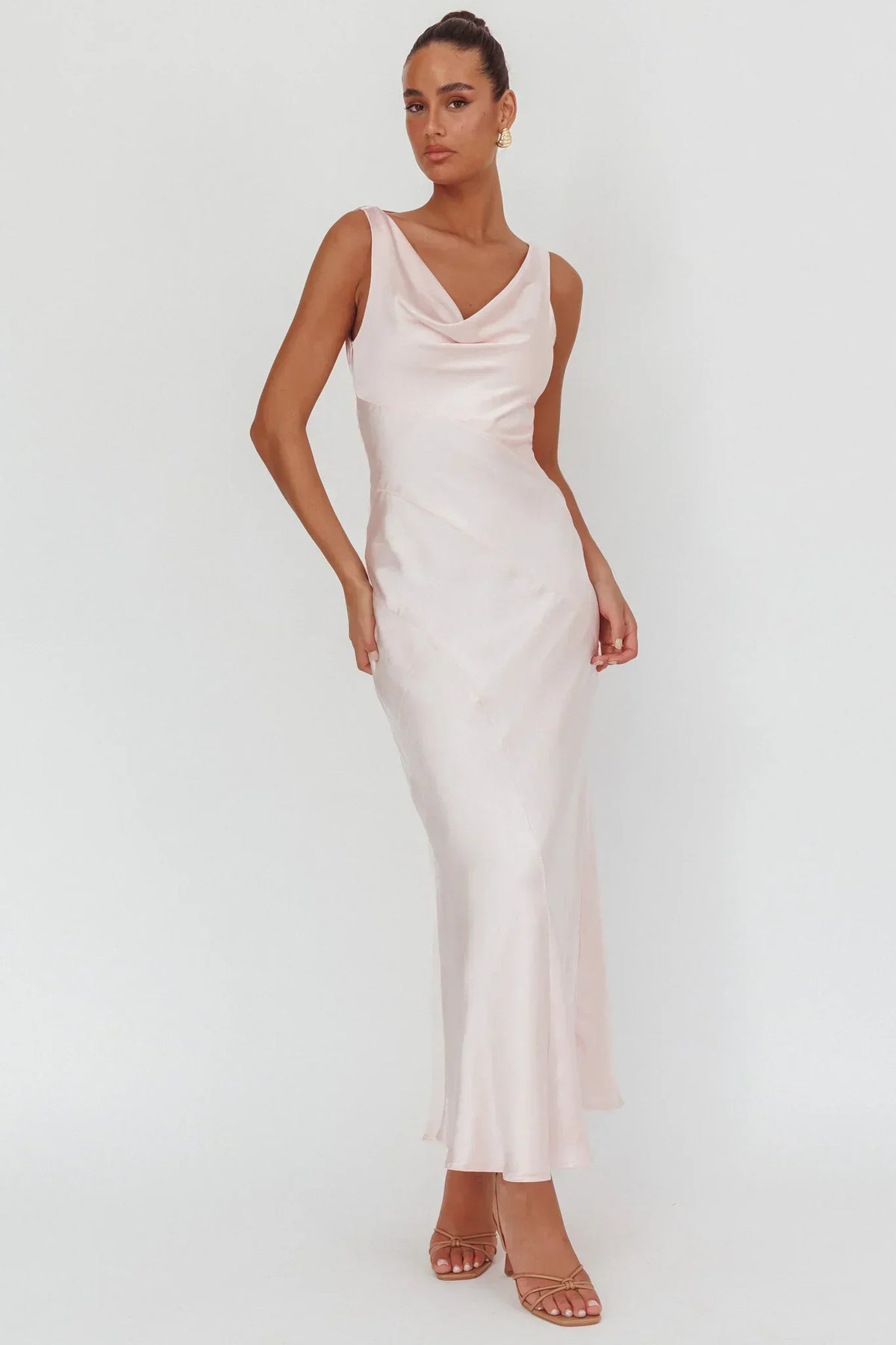 Satin Cowl Neck Sleeveless Open Back Bias Cut Maxi Dress