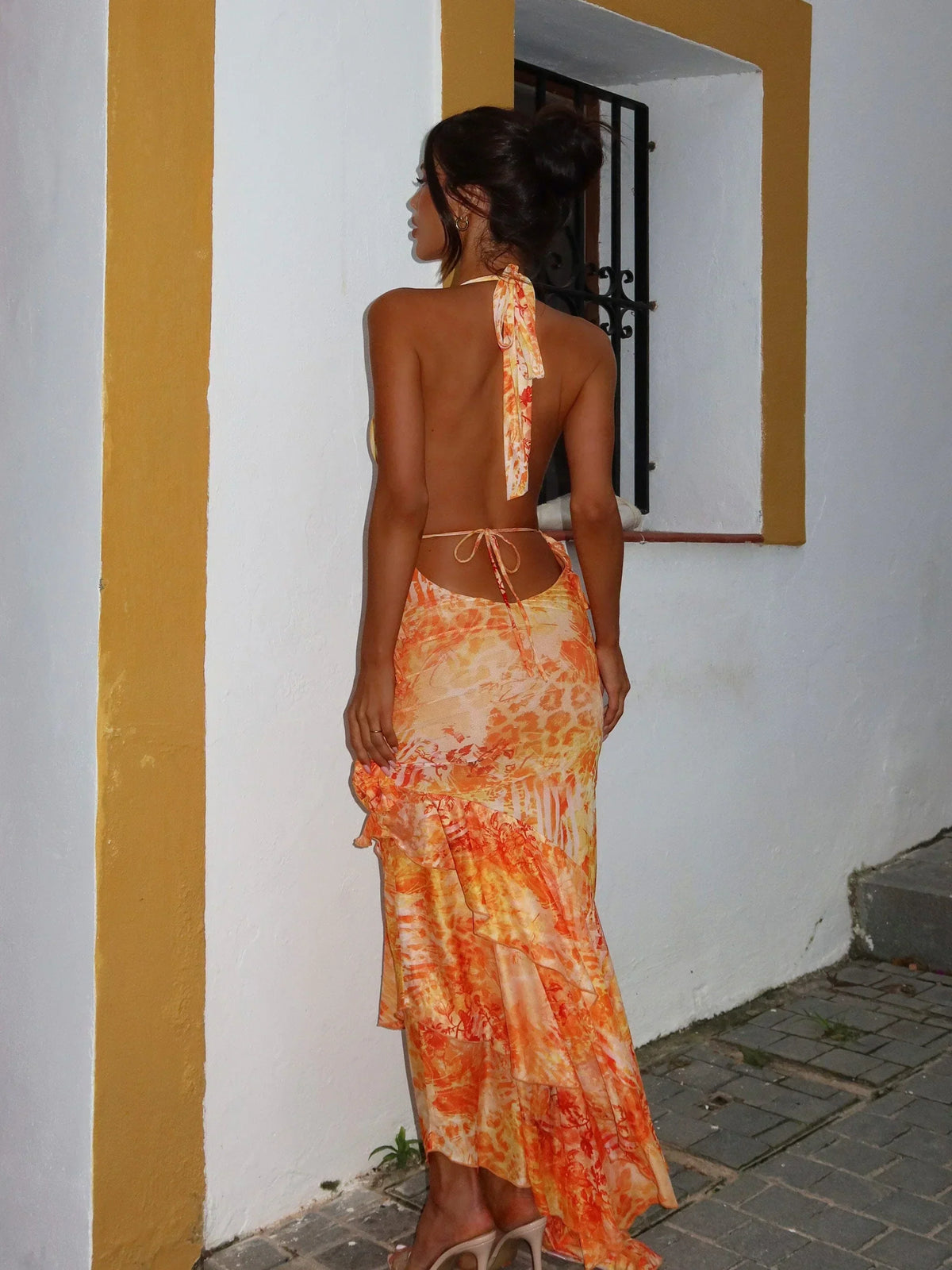 Abstract Print Halter Cut Out Backless Ruffle Maxi Dress 5