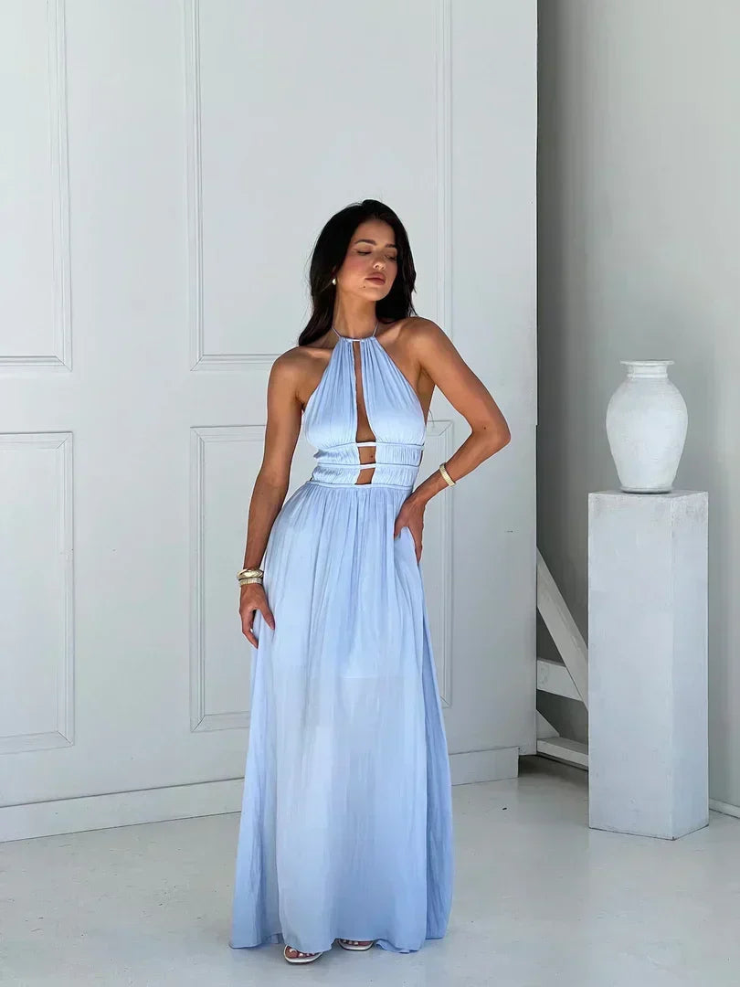 Satin Halter High Neck Ladder Cut Out Open Back Flowy Maxi Dress