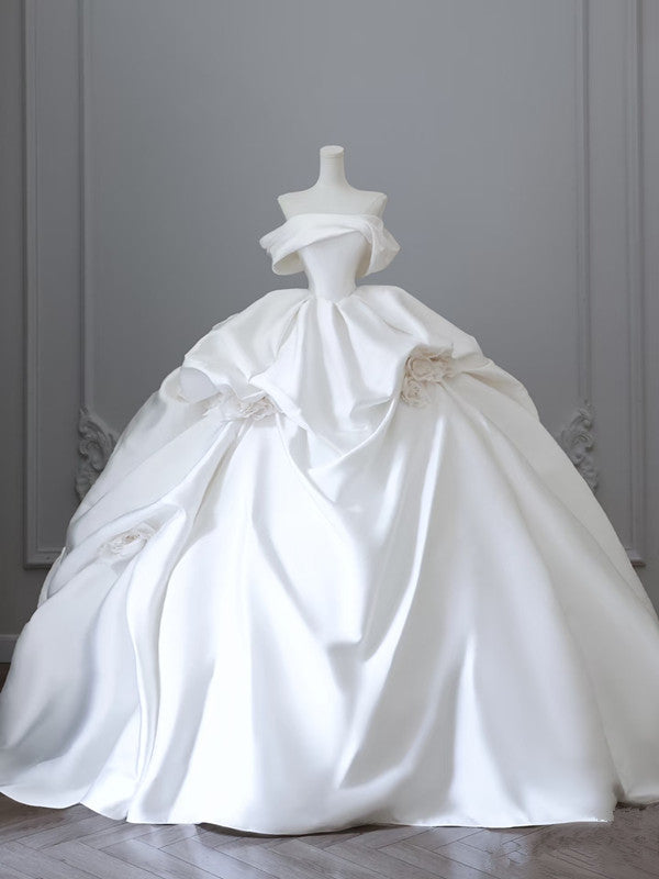 Chic Ball Gown Off The Shoulder White Short Sleeves Floral Satin Wedding Dresses With Ruffles C3806
