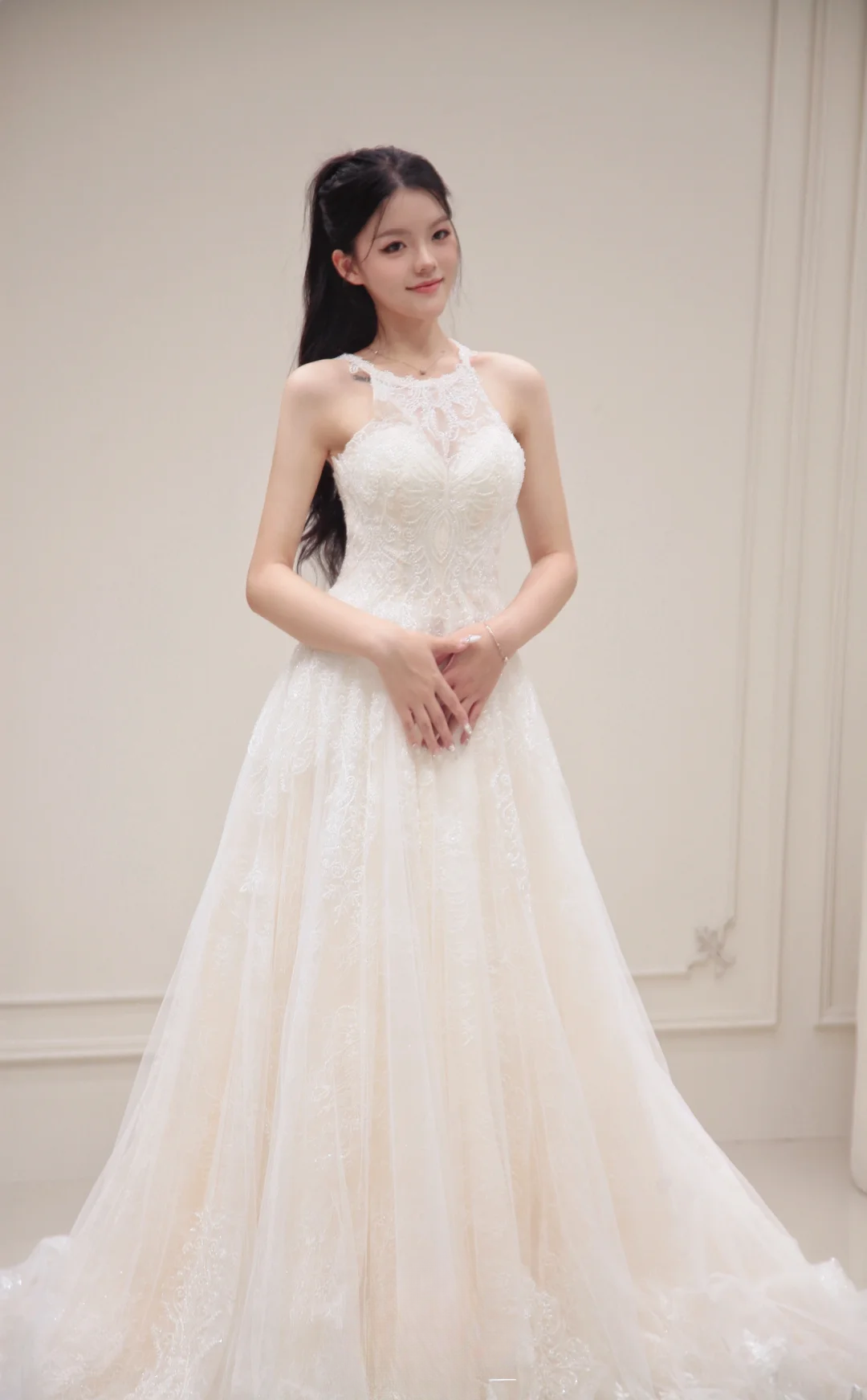 Princess A Line Halter Tulle Lace  Long Wedding Dresses C3833