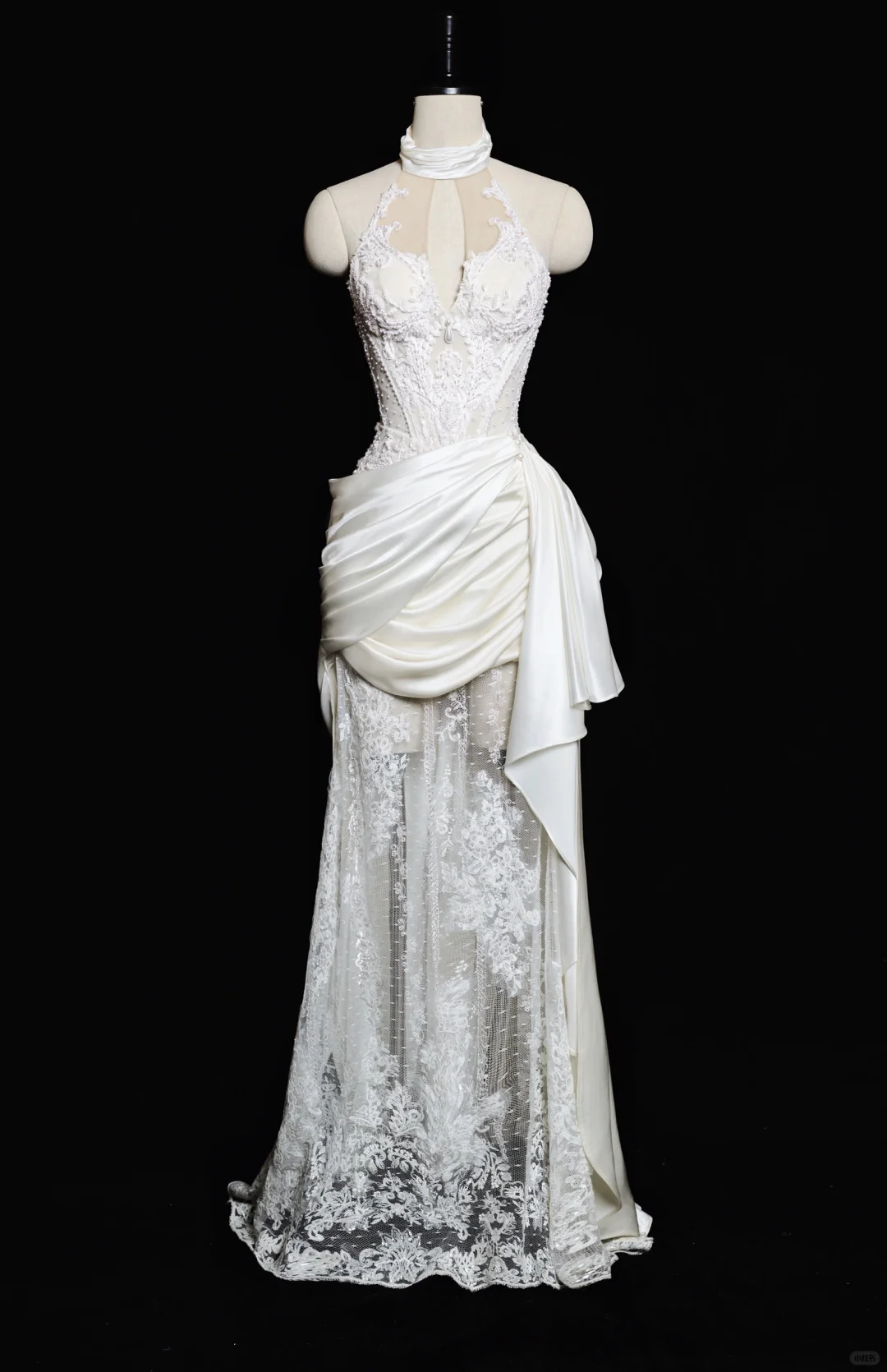 Vintage Mermaid Halter Satin Lace Pleated Long Wedding Dresses C3846