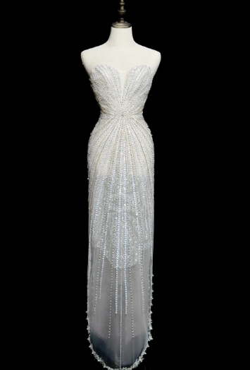 Dreamy Mermaid Strapless Tulle Beaded Long Wedding Dresses C3848