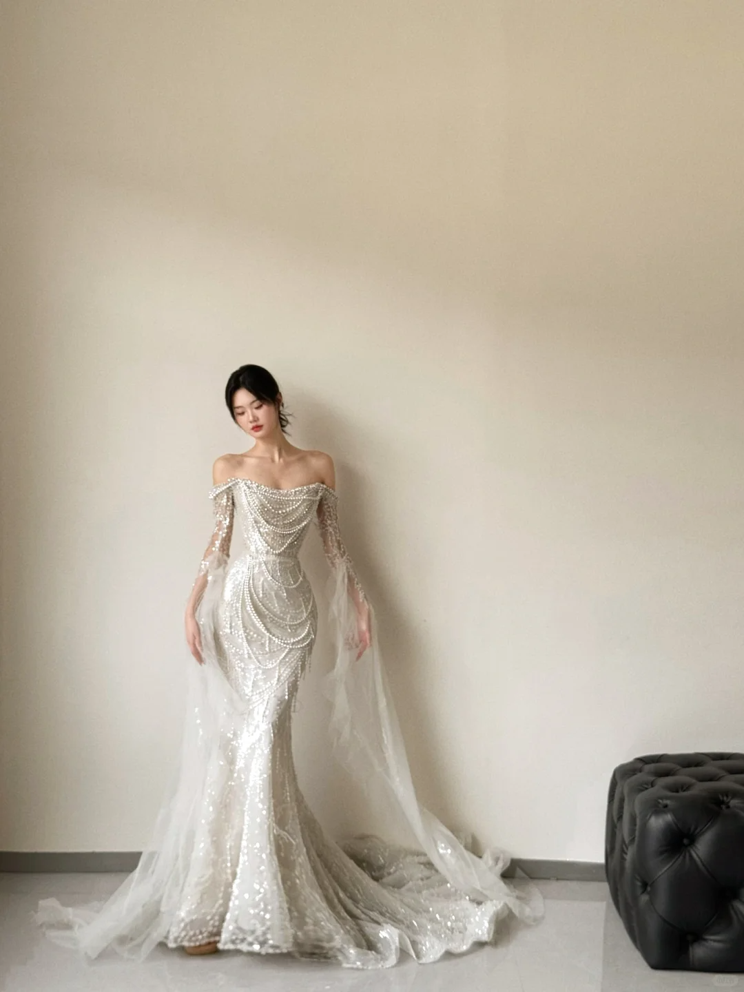 Gorgeous Mermaid Off The Shoulder Tulle Beaded Long Sleeves Long Wedding Dresses C3858