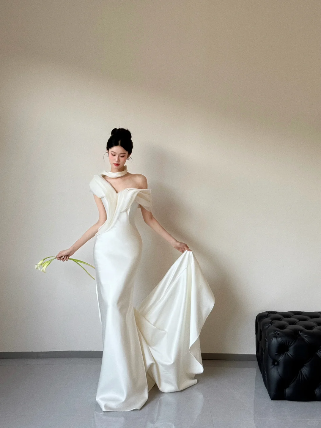 Summer Simple Mermaid Off the Shoulder Satin With Veil Long Wedding Dresses C3861