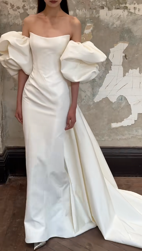 Simple Mermaid Off The Shoulder Satin Long Wedding Dresses C3863