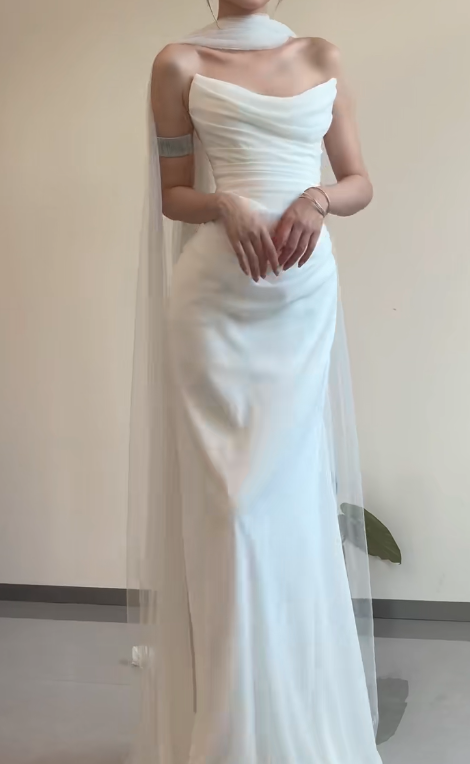 Elegant Mermaid Strapless Satin Pleated Long Wedding Dresses C3864