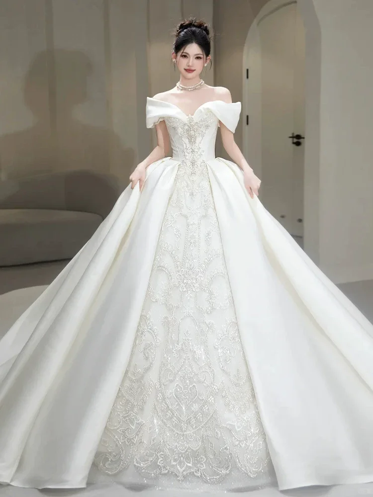 Timeless Ball Gown Off The Shoulder Satin Lace Long Wedding Dresses C3870