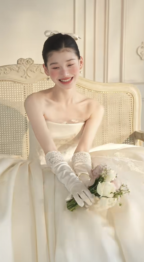 Timeless Ball Gown Strapless Satin Lace With Veil And Gloves Long Wedding Dresses C3871