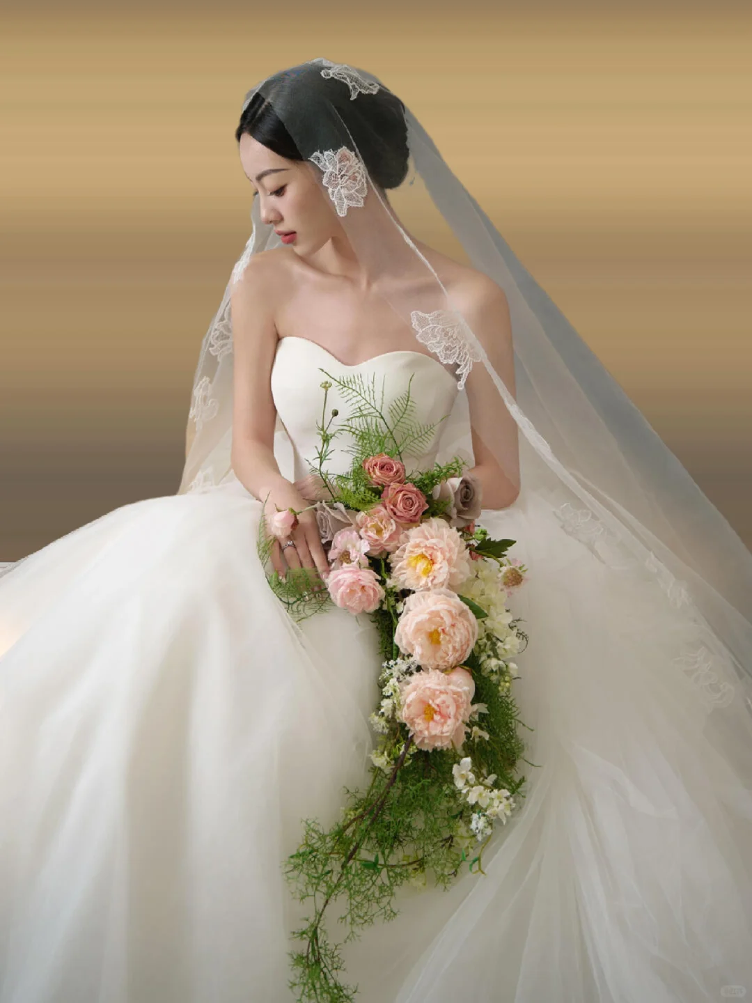 Princerss Ball Gown Strapless Satin Tulle With Veil Long Wedding Dresses C3908