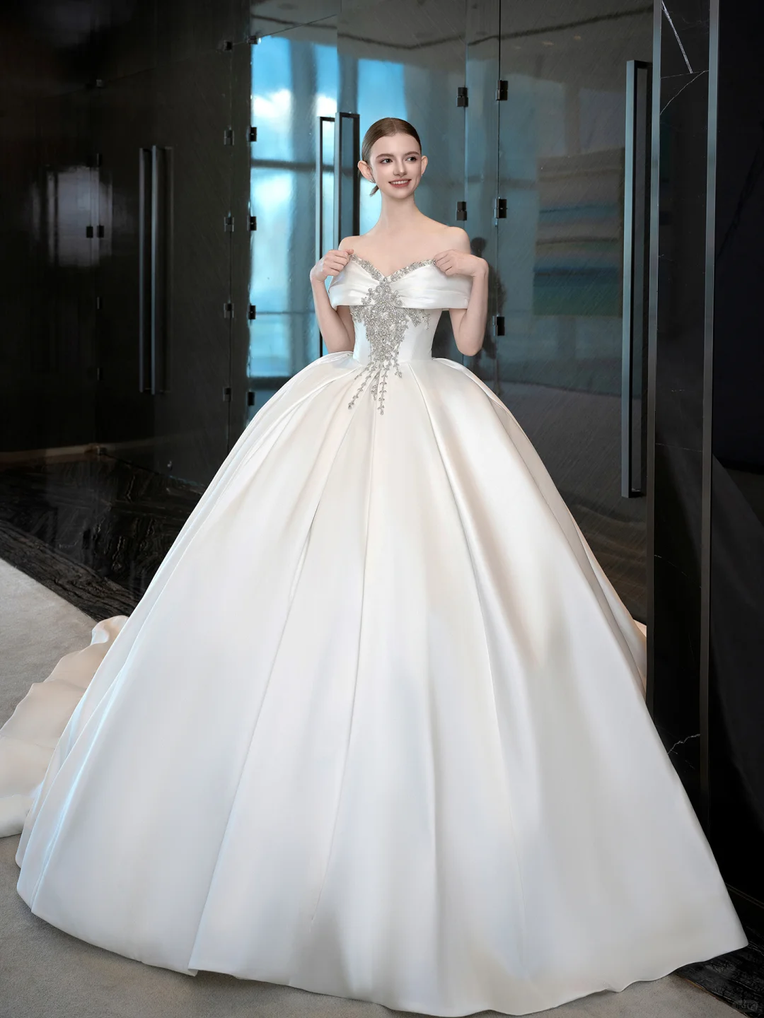 Pretty Ball Gown Off The Shoulder Satin Applique Long Wedding Dresses C3944