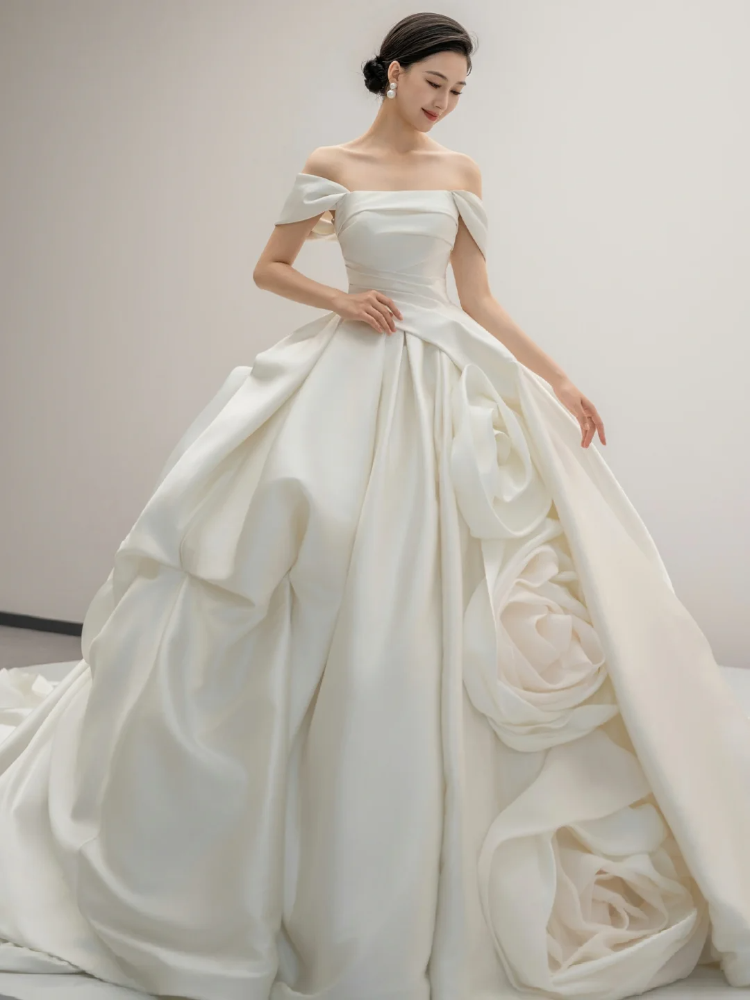Elegant Ball Gown Off The Shoulder Satin Flowers Long Wedding Dresses C3947