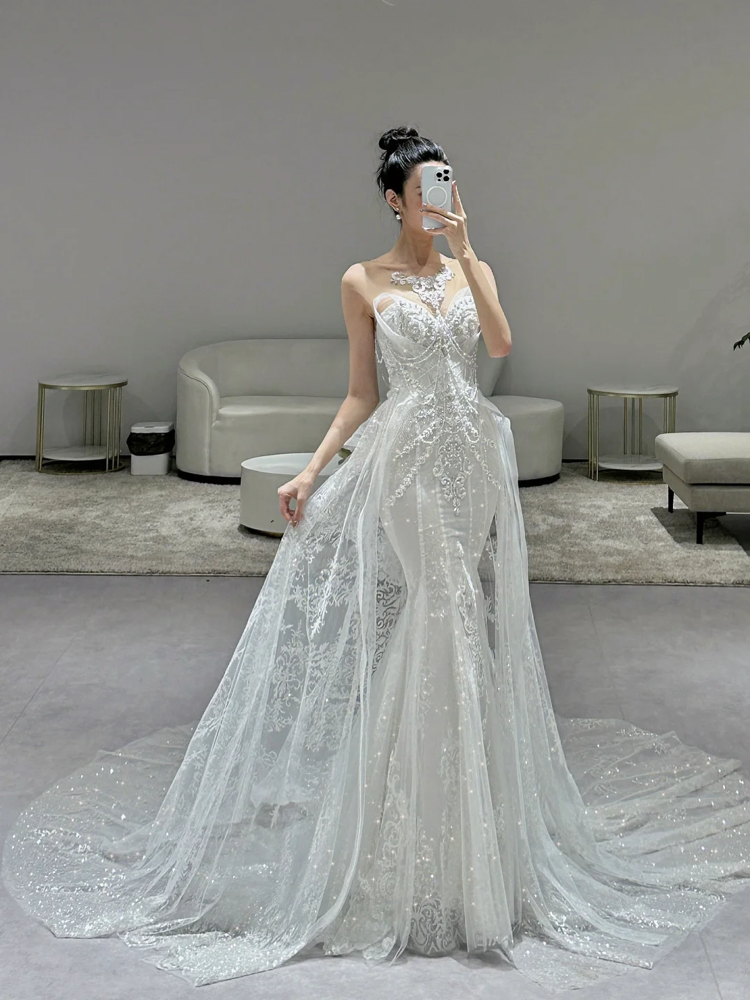 Dreamy Mermaid Strapless Tulle Sequin Applique Long Wedding Dresses C3959