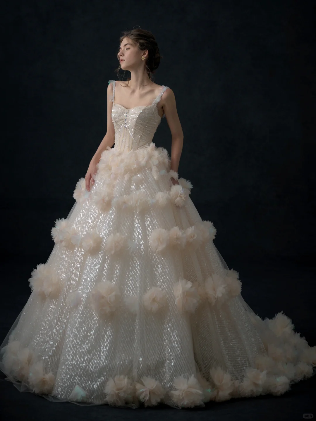 Princess Ball Gown Spaghetti Straps Champagne Tulle Sequin Long Wedding Dresses C3966