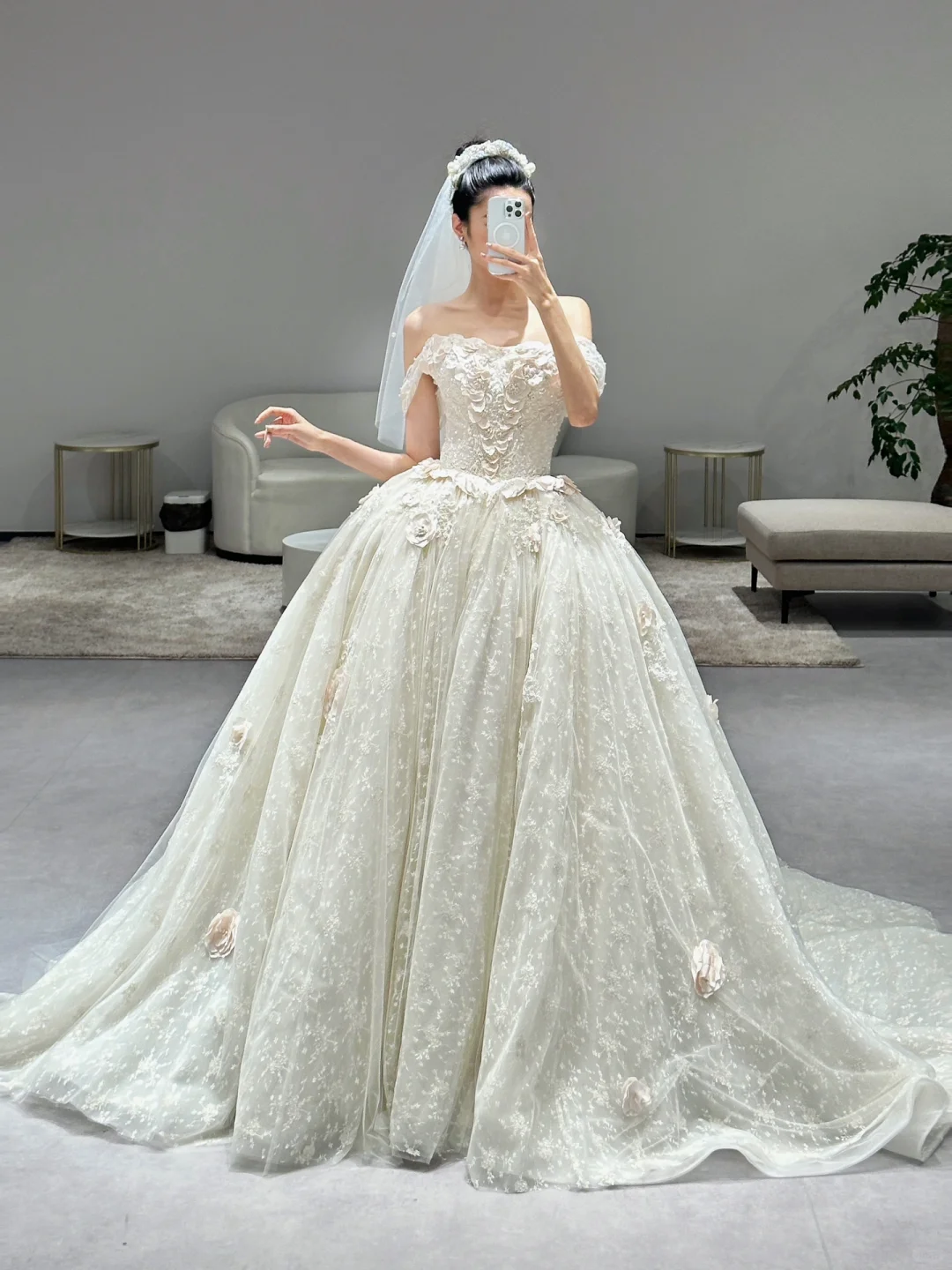 Dreamy Ball Gown Off The Shoulder Tulle Lace Applique With Veil Long Wedding Dresses C3967