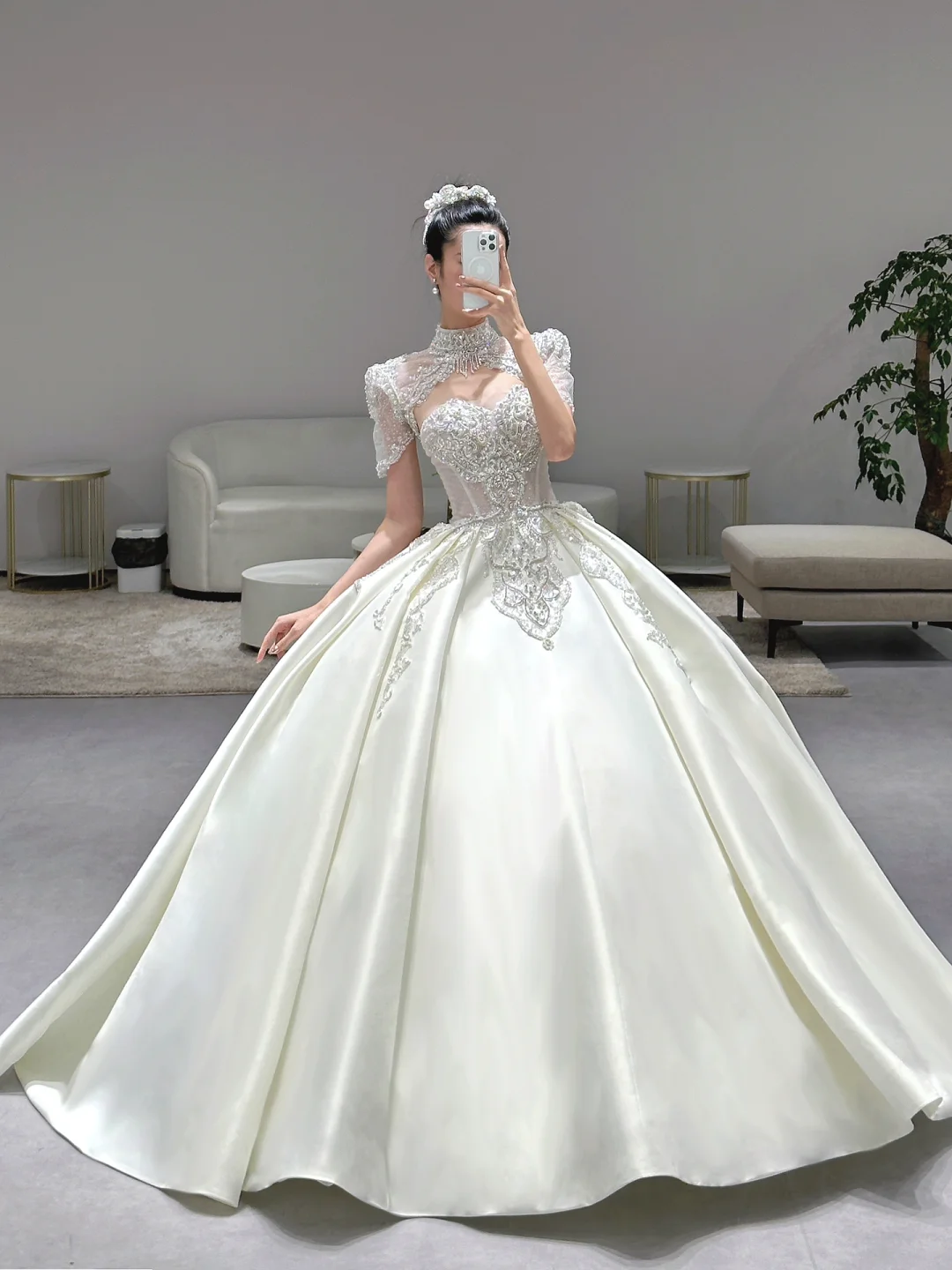 Timeless Ball Gown Satin Beaded Short Sleeves Long Wedding Dresses C3973