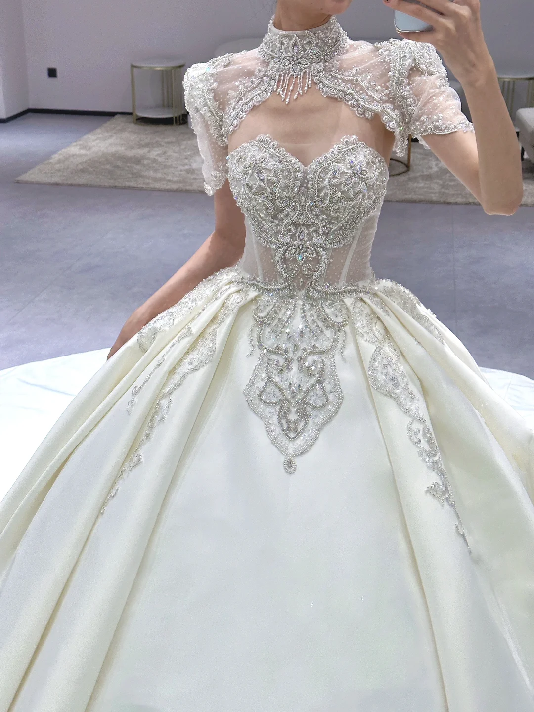Timeless Ball Gown Satin Beaded Short Sleeves Long Wedding Dresses C3973