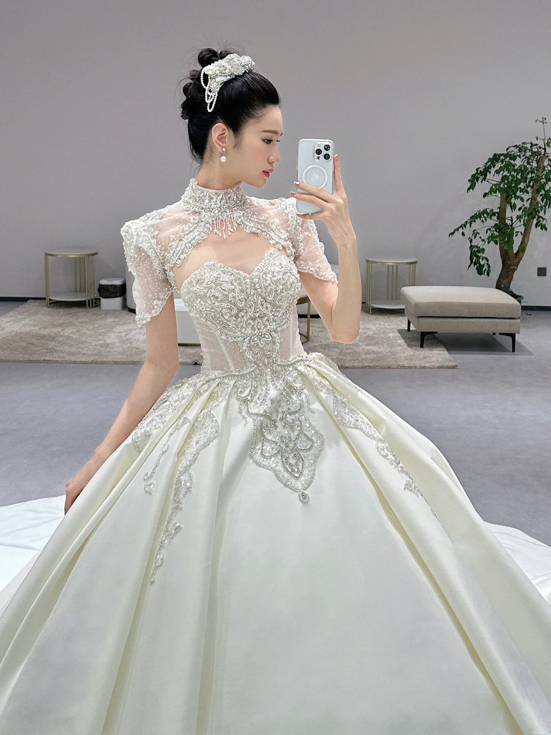 Timeless Ball Gown Satin Beaded Short Sleeves Long Wedding Dresses C3973
