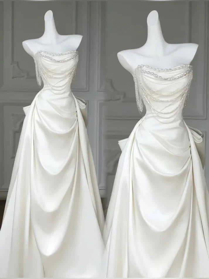 Elegant A Line Strapless Satin Beaded Pleated Long Wedding Dresses C3983