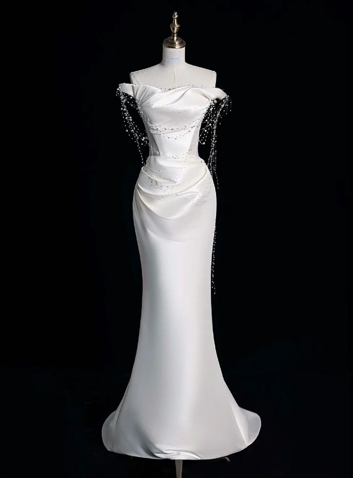 Dreamy Mermaid Off The Shoulder Satin Beaded Long Wedding Dresses C3991