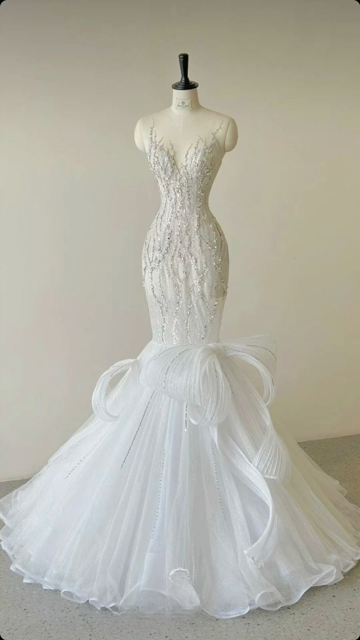 Pretty Mermaid Strapless Tulle Beaded Sequin Long Wedding Dresses C3995