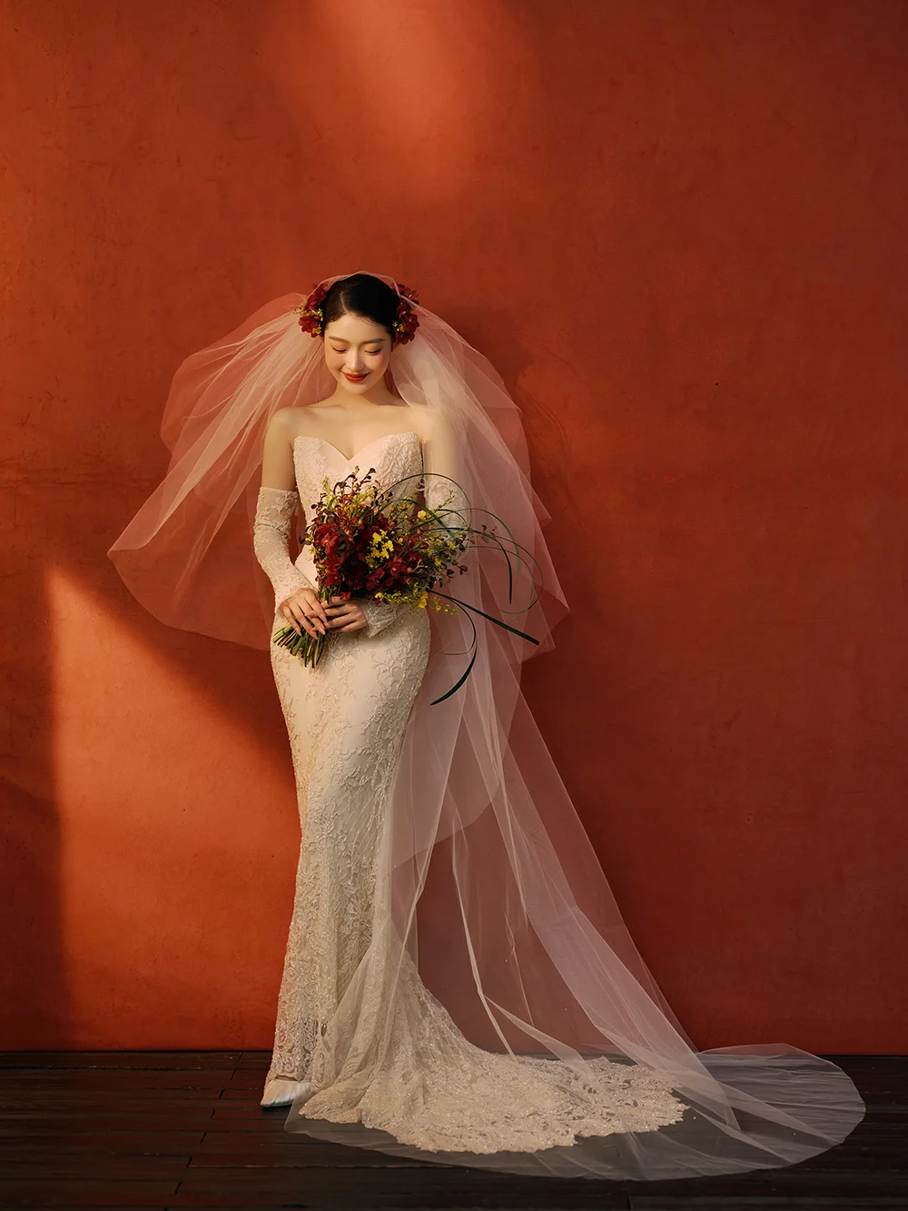 Dreamy Mermaid Strapless Satin Lace With Sleeves Long Wedding Dresses C3998