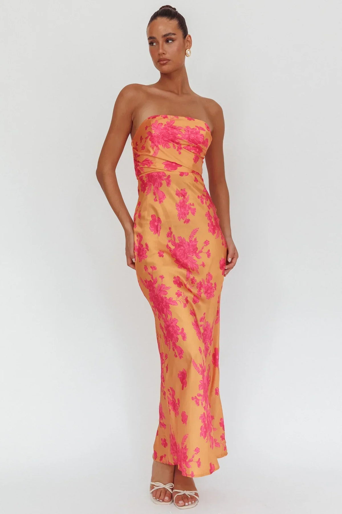 Floral Print Satin Strapless Bias Cut Maxi Dress