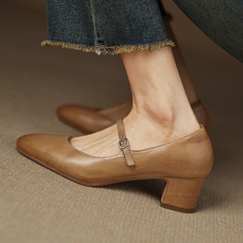Square Toe Buckle Strap Block Heel Mary Jane Pumps