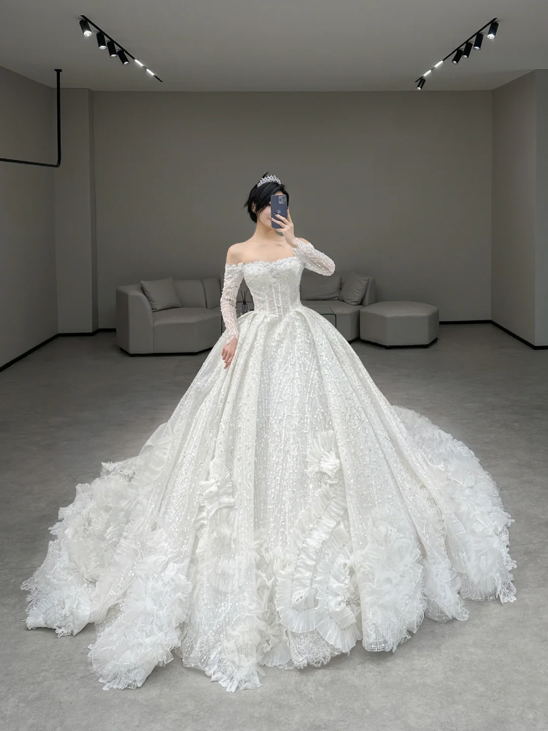 Dreamy Ball Gown Off The Shoulder Lace Long Sleeves Long Wedding Dresses C4183