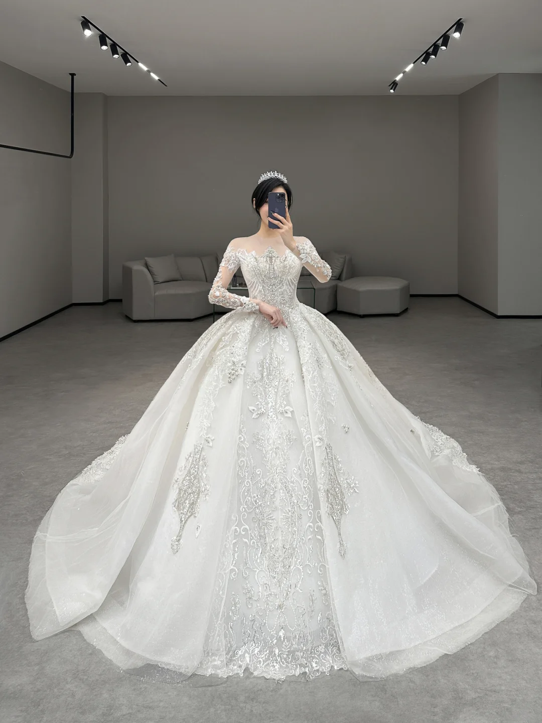 Dreamy Ball Gown Off The Shoulder Tulle Lace Long Sleeves Long Wedding Dresses C4190