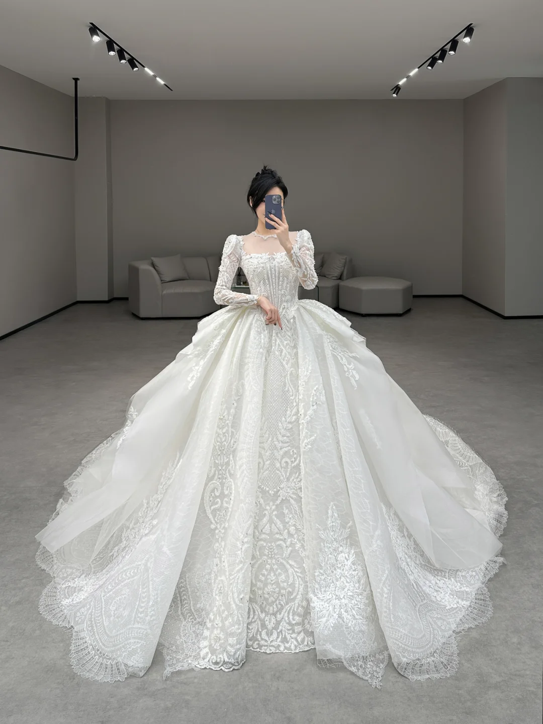 Timeless Ball Gown Square Tulle Lace Long Sleeves Long Wedding Dresses C4191