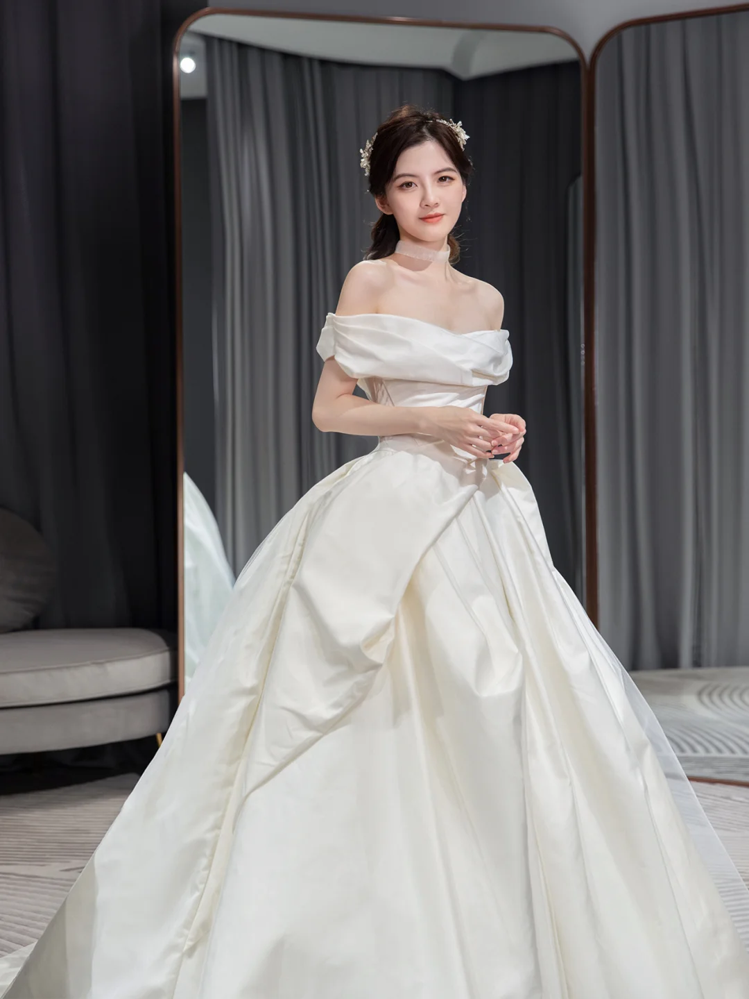 Simple Classy Ball Gown Off The Shoulder Satin Long Wedding Dresses C4194