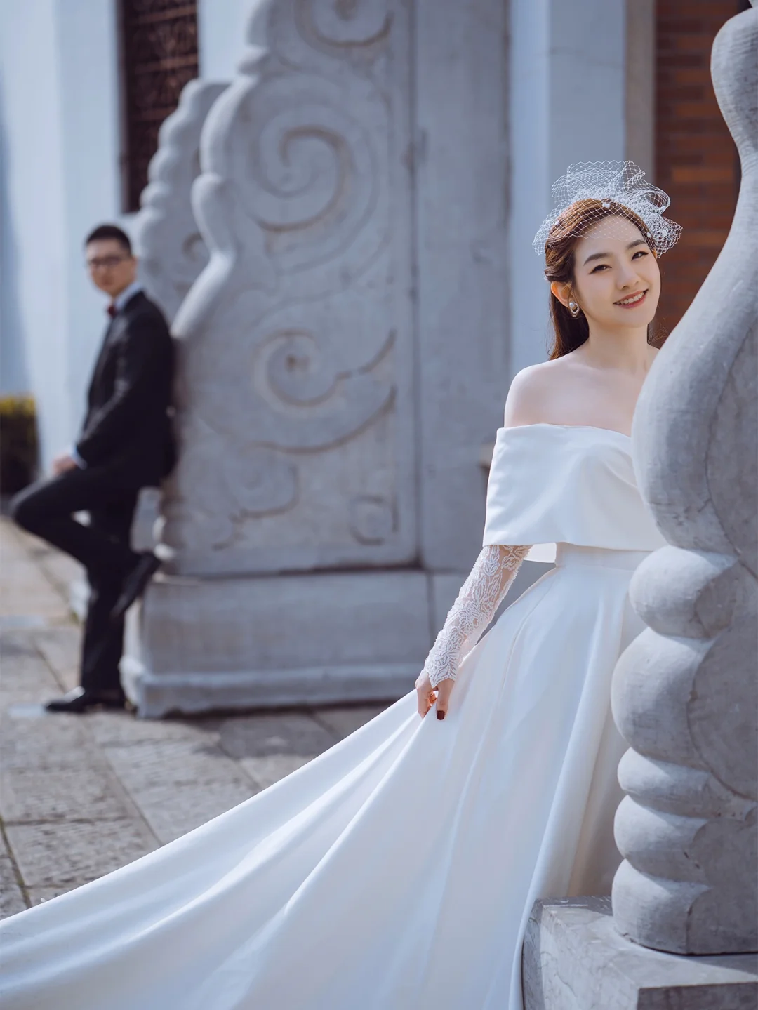 Elegant A Line Off The Shouder Satin Lace Long Sleeves Long Wedding Dresses C4204