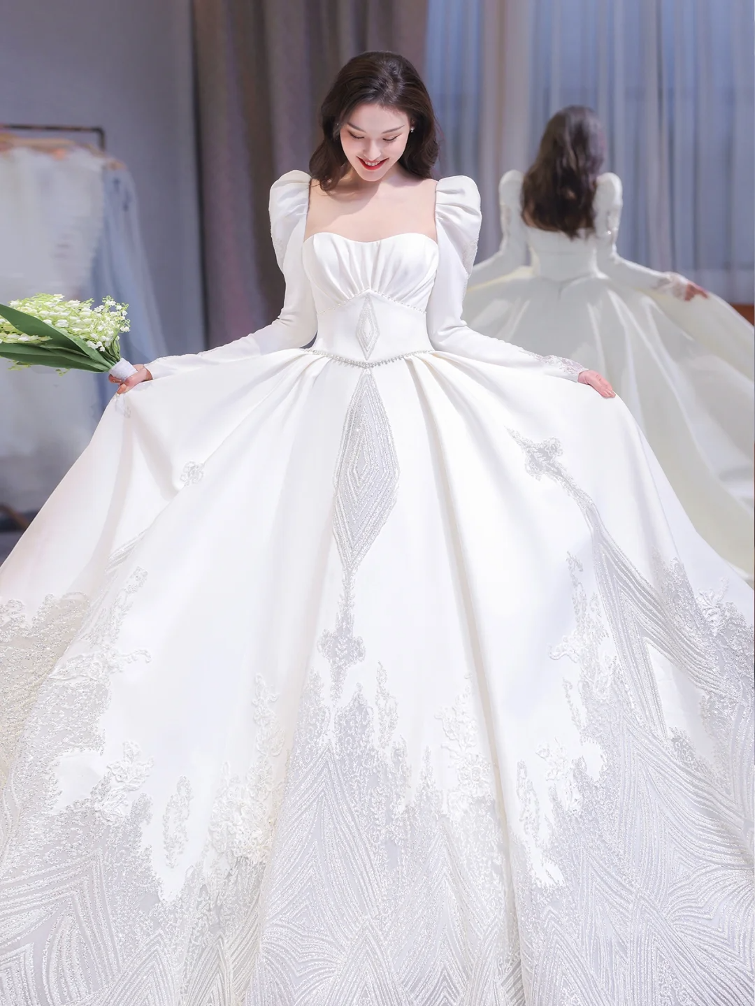 Elegant Ball Gown Square SatinLong Sleeves Long Wedding Dresses C4206